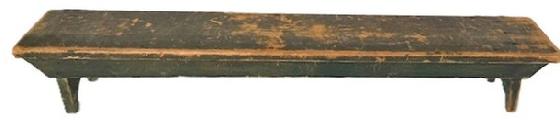 M87 19th century original Windsor green painted Prayer Bench with drop aprons on each side that are mortised into the splayed legs that end in half-moon cut out feet. The wood is pine with square head nail construction. Circa 1850's. Measurements are: 6 ¾ deep x 42" long x 6" tall.
