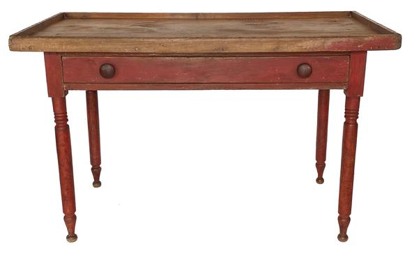 Q221 Early 19th century Lancaster Country Pennsylvania unique Sorting Table with the original bitter sweet red paint, circa 1820, with a single full size drawer. It has a beautiful wide two board well showing pit saw marks, with an applied gallery held in place with square head nails. It original had a metal liner, which save the top from damage.