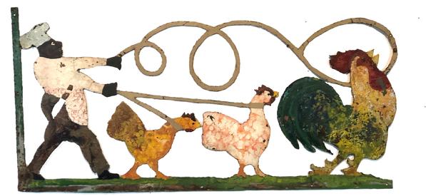 **SOLD** F9 Late 19th century Southern Butcher's or Meat Market iron Trade Sign, A great piece of Americana Folk Art depicting a Butcher lassoing a rooster and two hens. The sign is cast iron and completely hand cut out, retaining old paint with traces of the original paint showing. Measurement: 23 3/4” tall x 48” wide