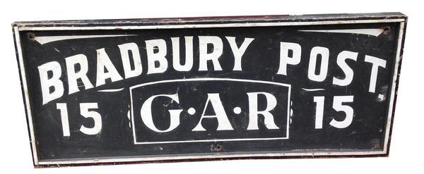 RM324 Late 19th century Maine Civil War Veteran’s Grand Army Republic Trade Sign , “ BRADBURY POST 15 G.A.R.” the sign is painted on one wide board, with applied molding, original white and black paint, sign by Artist.