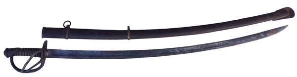 RM460 Historic Confederate captured and re-issued Model 1840 Ames 1851 dated Heavy Cavalry sword with Confederate brass mounted scabbard. The sword hilt was re-wrapped with copper wire (as most CS swords are) when CS scabbard was made to fit the sword. The scabbard is very strong with lap seam, original finish and beautiful brass hardware.