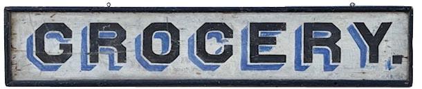 M124 19th century Pennsylvania double sided Trade Sign advertising GROCERY painted in black letters with blue shadowing on a white background. Painted on a single board with applied molding surrounding all edges with hooks for hanging. Each side of the sign is in good condition. Measurements: 66 ½ wide x 13 ¾ tall x 2" deep.