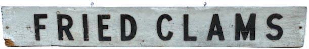 L185 Early 20th century single sided Trade Sign with raised lettering that reads "FRIED CLAMS". The letters are constructed of black painted thick leather applied to a white painted wooden background. Two early iron eye hooks remain intact on top for hanging purposes. From a private collection. Measurements: 63 &frac14;� wide x 1 3/8� thick x 8 7/8� tall. 