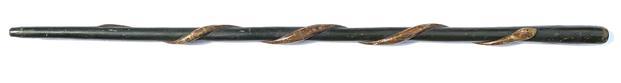 **SOLD** K1618  19th century  Folk Art Carved Walking Stick / Cane with raised Serpent-entwined shaft. The base color is dark green paint � with a mustard paint decorated Serpent that is embellished with tiny painted eyes and mouth. Beautiful patina over entire surface. Carved from a single piece of wood. Measurements: Top is 1� diameter, Bottom is &frac12;� diameter, Overall length is 34 &frac12;� with the Serpent covering a length of 25�. 