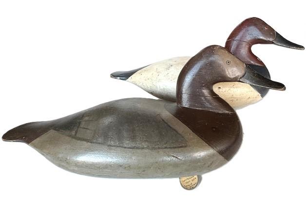 **SOLD** L3 Rare pair of Canvasback rig-mates carved by W. Scott Jackson (1852-1929) of Charlestown, Maryland. Original painted surfaces with minor period touch-ups. Original weights remain intact on bottoms. 