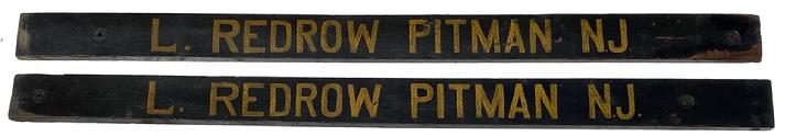 S433 Late 19th century matching pair of wagon signs, for L. Redrow, Pitman New Jersey. The two sign are painted black background with mustard letting and they are one sided, they where used on the side of a wagon advertising a business in New Jersey they measure 55" long x 4" tall