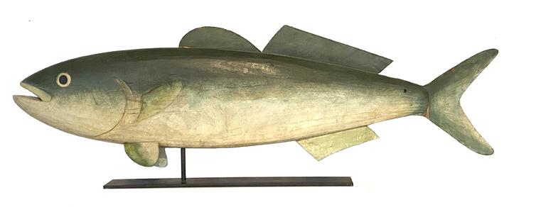 F43 A great piece of Folk Art! Very Colorful wooden hand-carved fish weathervane on iron stand, from Chincoteague, Va. Signed on bottom by maker, "Ian Thomas McNair" Measurements are: 40" long x 13 1/3" tall x 7" wide
