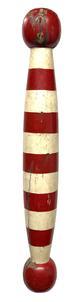 **SOLD** M224 Late 19th century Folk Art Carved Wood Barber Pole with original red and white painted surface. Original iron bracket remains intact for hanging / display purposes. Measurements: 36 ¼ tall. Balls on each end are approximately 7 3/8 diameter. Outer edge of pole is ~10 ¾ from wall when hung with attached bracket.
