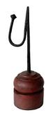 L236 Early 19th century hand forged iron tabletop rush light with counterweight arm to keep the rush grippers tight. Mounted in a turned wooden base with remnants of original red paint. Measurements: Base is 3 ¼ x 3 3/8 diameter x 3 5/8 tall. Overall height is 10 ¼ tall.