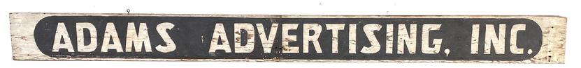 F512 Early 20th Century Wooden Trade Sign ADAMS ADVERTISING , INC White lettering on black background, painted on a single board. hooks for hanging