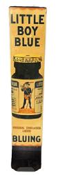 M82 Early 20th century Advertising tin wall dispenser rack for Little Boy Blue Bluing. This dispenser was made to hold individual glass bottles of laundry bluing, a product used to whiten and brighten clothes by canceling out yellow tones. Marked on lower right side Made In U.S.A. Amer. Can. Co. Circa 1910-1920s. Measurements: 4 wide x 2 deep at top x 3 ¾ deep at bottom dispenser opening x 18 ½ tall.