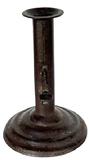 M116F Rare, tapered / stacked base Hog Scraper candlestick with illegible makers stamp on the push-up tab. Sheet iron construction with nice weight and unusual base, with no evidence of ever having a finger curl. Wonderful original surface. Measurements: 4 1/8 bottom diameter x 6 tall.
