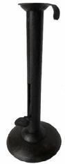 E534 The hogscraper candlestick is an early (c.1780 – 1860) form of lighting device commonly used in 19th-century North America and Britain, and mainly manufactured in England. The device is manufactured of tempered sheet iron, wrought in several pieces and joined together by metal joinery and silversoldering. The name is derived from the candlesticks resemblance to an antique device used to scrape bristles from hoghide after slaughter. The antique lighting device commonly consists of a shaft, attached to a round base with a thumb tab ejector mechanism to remove the residual candle stub, and a round lip or "bobèche" to collect candle drippings. The "bobèche" often has a hook extension used for hanging the device. Some hogscraper candlesticks were manufactured with decorative brass or iron bands at the midsection of the shaft and are commonly referred to as "wedding band" hogscrapers. Often the devices are "signed" on the thumb ejector tab by the manufacturer. Historical trade directories have identified most of these manufacturers and the dates of their business existence. While most manufacturers have been identified to Birminghamthere is evidence of manufacturing in Sheffield, England. There is no substantive evidence of American manufacturers before 1850.