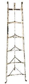 RM1014 19th Century Iron period cooking pot stand, with old white over original green paint. Would have sat in the corner of a large kitchen designed to store copper saucepans in a vertical manner.