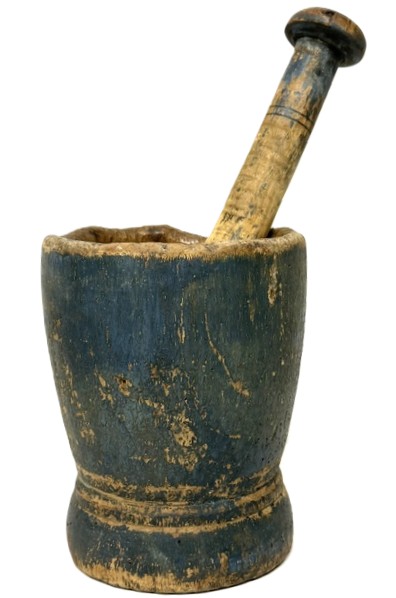 M1110 19th century turned wooden Mortar and Pestle retaining original dry blue painted surface. Simple turned shape with tapered base and fantastic wear indicative of age and use. Natural patina interior. The long and unusually shaped pestle has incised rings around the handle and retains remnants of the original blue surface.